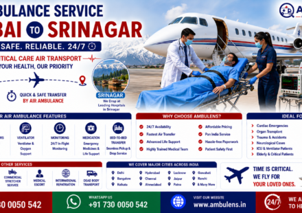 Air Ambulance Service Mumbai to Srinagar with ICU-equipped aircraft, ventilator support, emergency patient transfer, and expert medical team by AmbuLens.