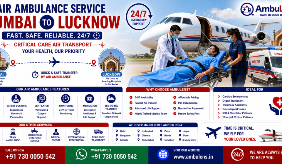 Air Ambulance Service Mumbai to Lucknow with ICU-equipped aircraft, ventilator support, emergency patient transfer, and expert medical team by AmbuLens.