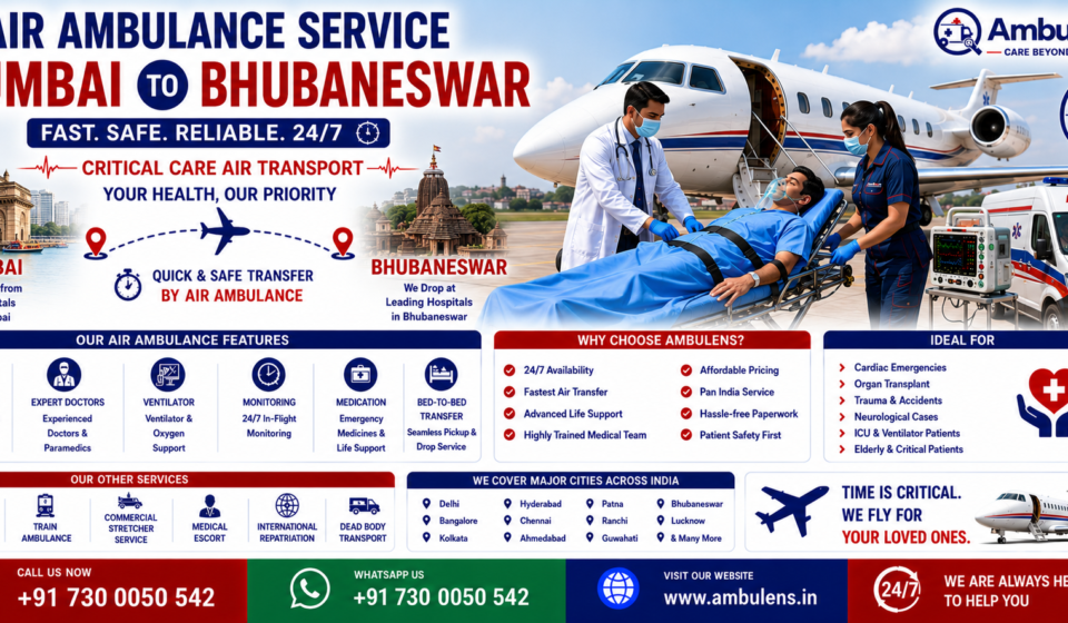 Air Ambulance Service Mumbai to Bhubaneswar with ICU-equipped aircraft, ventilator support, emergency patient transfer, and expert medical team by AmbuLens.