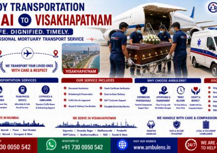 Dead Body Transportation Mumbai to Visakhapatnam with air cargo service, mortuary ambulance, freezer box, coffin box, embalming support, and professional funeral transport by AmbuLens.
