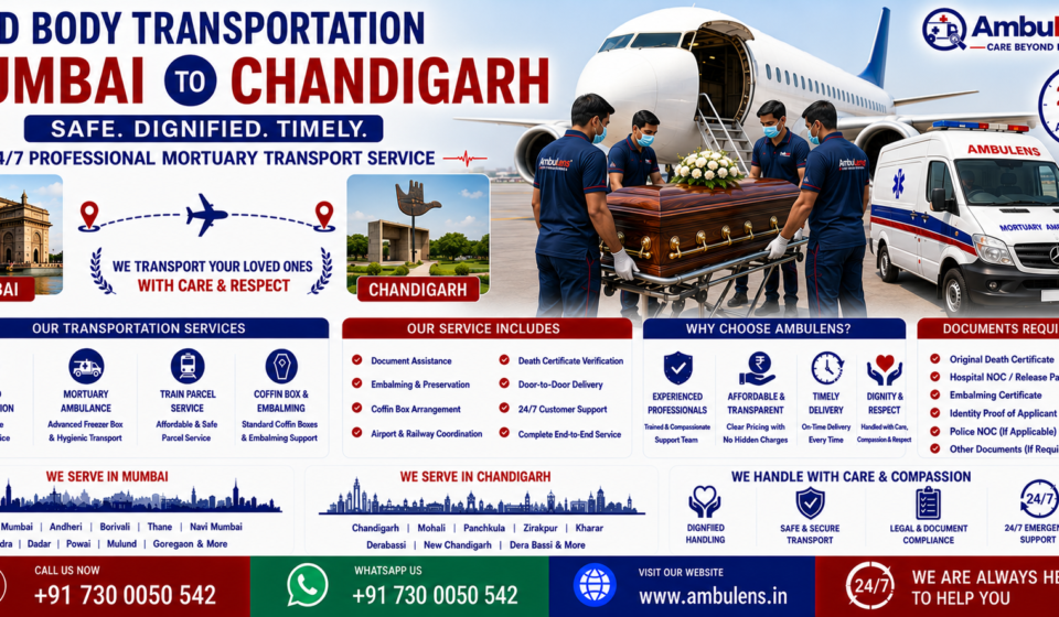Dead Body Transportation Mumbai to Chandigarh with air cargo service, mortuary ambulance, freezer box, coffin box, embalming support, and professional funeral transport by AmbuLens.