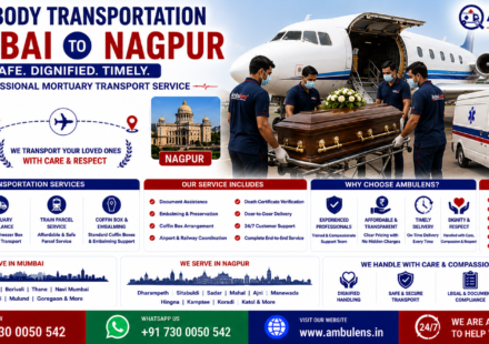 Dead Body Transportation Mumbai to Nagpur with air cargo service, mortuary ambulance, freezer box, coffin box, embalming support, and professional funeral transport by AmbuLens.