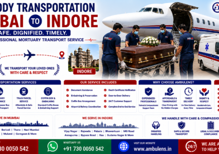 Dead Body Transportation Mumbai to Indore with air cargo service, mortuary ambulance, freezer box, coffin box, embalming support, and professional funeral transport by AmbuLens.