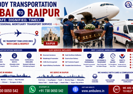 Dead Body Transportation Mumbai to Raipur with air cargo service, mortuary ambulance, freezer box, coffin box, embalming support, and professional funeral transport by AmbuLens.