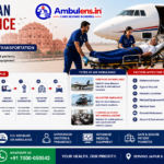 How to book an air ambulance in Jaipur showing an air ambulance, patient transfer, medical team, ICU equipment, ground ambulance, and hospital coordination.