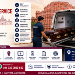 Dead Body Transportation Service in Jaipur featuring a mortuary ambulance, professional staff, secure coffin transportation, freezer box support, air cargo coordination, and Jaipur skyline by AmbuLens.