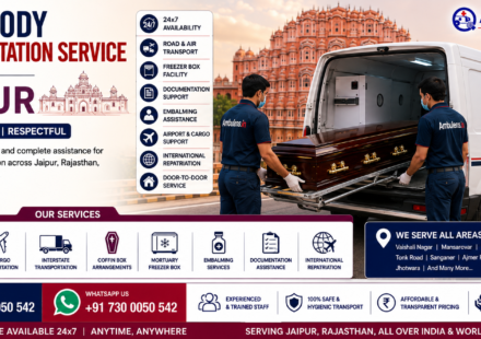 Dead Body Transportation Service in Jaipur featuring a mortuary ambulance, professional staff, secure coffin transportation, freezer box support, air cargo coordination, and Jaipur skyline by AmbuLens.