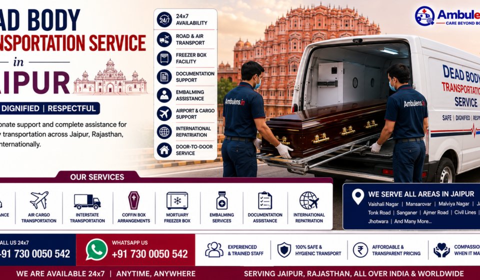 Dead Body Transportation Service in Jaipur featuring a mortuary ambulance, professional staff, secure coffin transportation, freezer box support, air cargo coordination, and Jaipur skyline by AmbuLens.