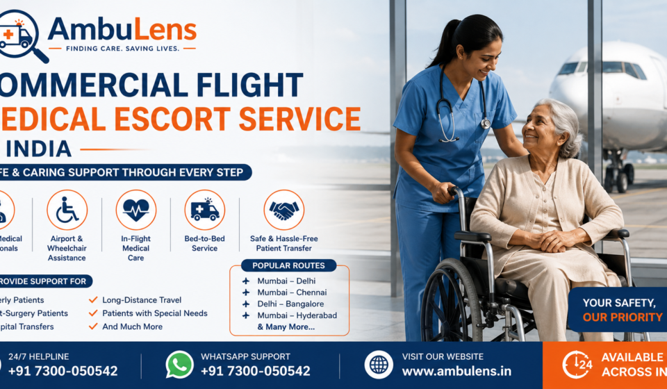 Commercial flight medical escort service in India with medical professional assisting elderly patient