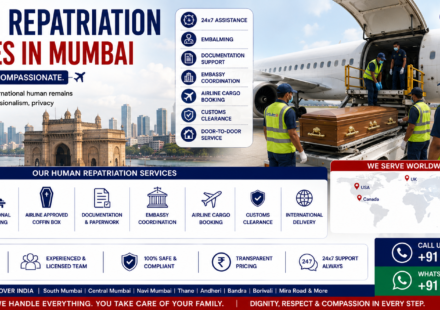 Human Repatriation Services in Mumbai showing international air cargo transportation, coffin preparation, airport cargo handling, embassy documentation, customs clearance, and professional mortuary assistance by AmbuLens.
