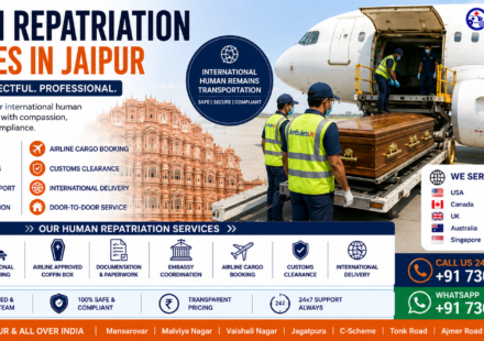 Human Repatriation Services in Jaipur showing international air cargo transportation, coffin preparation, airport cargo handling, embassy documentation, customs clearance, and professional mortuary assistance by AmbuLens.