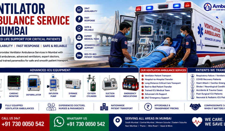 Ventilator Ambulance Service in Mumbai featuring a fully equipped ventilator ambulance, ICU doctor, paramedics, advanced life support equipment, oxygen support, emergency patient transport, and modern ambulance by AmbuLens.