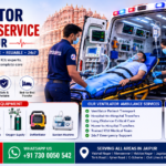 Ventilator Ambulance Service in Jaipur featuring a fully equipped ventilator ambulance, ICU doctor, paramedics, advanced life support equipment, oxygen support, emergency patient transport, and Jaipur skyline by AmbuLens.