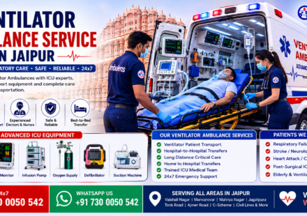Ventilator Ambulance Service in Jaipur featuring a fully equipped ventilator ambulance, ICU doctor, paramedics, advanced life support equipment, oxygen support, emergency patient transport, and Jaipur skyline by AmbuLens.