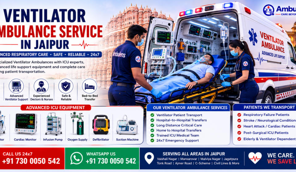 Ventilator Ambulance Service in Jaipur featuring a fully equipped ventilator ambulance, ICU doctor, paramedics, advanced life support equipment, oxygen support, emergency patient transport, and Jaipur skyline by AmbuLens.