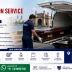 Dead Body Transportation Service in Mumbai featuring a mortuary ambulance, professional medical staff, secure coffin transport, freezer box service, air cargo coordination, and compassionate funeral transportation by AmbuLens.