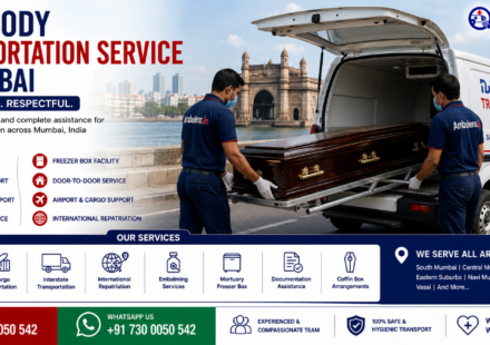 Dead Body Transportation Service in Mumbai featuring a mortuary ambulance, professional medical staff, secure coffin transport, freezer box service, air cargo coordination, and compassionate funeral transportation by AmbuLens.