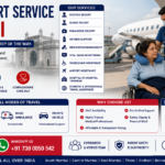 Medical Escort Service in Mumbai featuring a doctor and nurse assisting a patient during medical travel with wheelchair support, airport assistance, oxygen equipment, and professional healthcare supervision by AmbuLens.