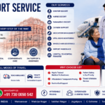 Medical Escort Service in Jaipur featuring a doctor and nurse assisting a patient during medical travel with wheelchair support, oxygen equipment, airport assistance, and professional healthcare supervision by AmbuLens.