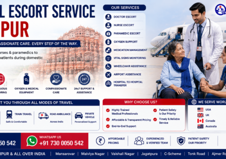Medical Escort Service in Jaipur featuring a doctor and nurse assisting a patient during medical travel with wheelchair support, oxygen equipment, airport assistance, and professional healthcare supervision by AmbuLens.
