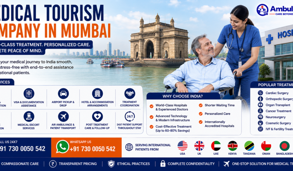 Medical Tourism Company in Mumbai showing international patients receiving healthcare assistance, hospital coordination, airport transfer, doctor consultation, medical travel support, and patient care by AmbuLens.