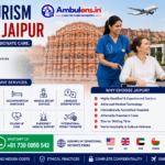 Medical Tourism Services in Jaipur showing an international patient receiving healthcare assistance with doctor consultation, hospital coordination, wheelchair support, and medical travel services by AmbuLens.