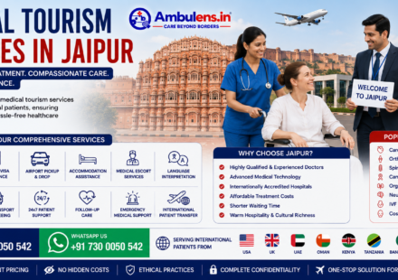 Medical Tourism Services in Jaipur showing an international patient receiving healthcare assistance with doctor consultation, hospital coordination, wheelchair support, and medical travel services by AmbuLens.