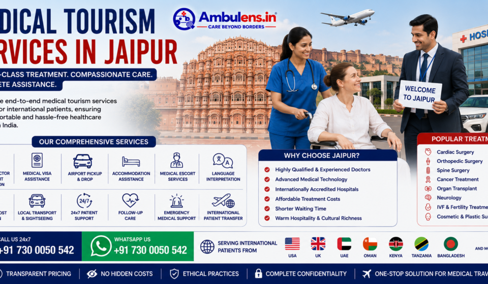 Medical Tourism Services in Jaipur showing an international patient receiving healthcare assistance with doctor consultation, hospital coordination, wheelchair support, and medical travel services by AmbuLens.