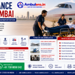 Air Ambulance Cost in Mumbai infographic showing air ambulance aircraft, ICU patient transfer, medical team, ambulance support, cost factors, domestic and international pricing, and 24×7 AmbuLens services.