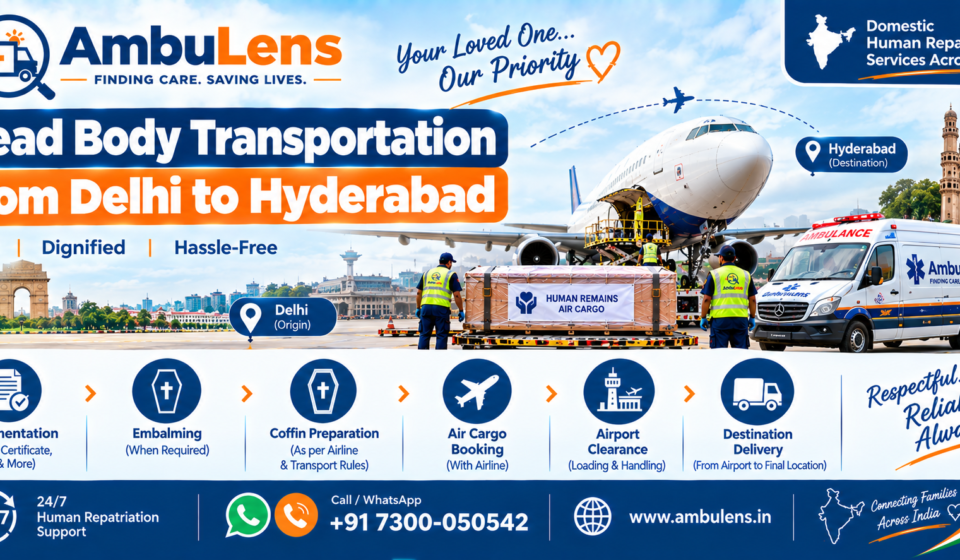 Dead body transportation from Delhi to Hyderabad by air and road
