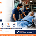 Ventilator patient being safely transferred in an ICU ambulance in India