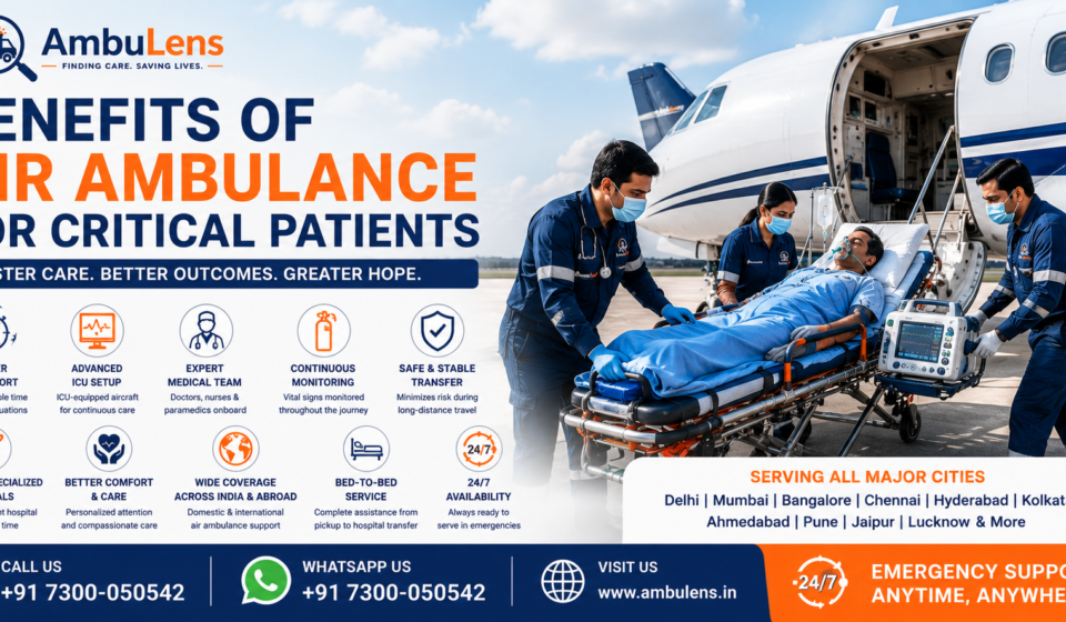 Air ambulance service transporting a critical patient with medical support