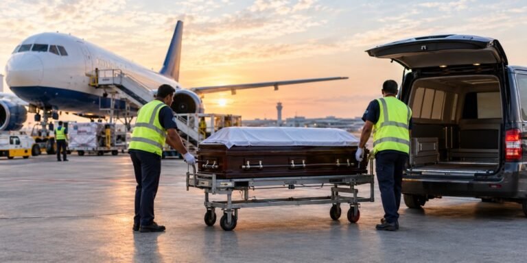 Airport ground staff transferring a casket from a trolley for final delivery beside an aircraft and hearse.