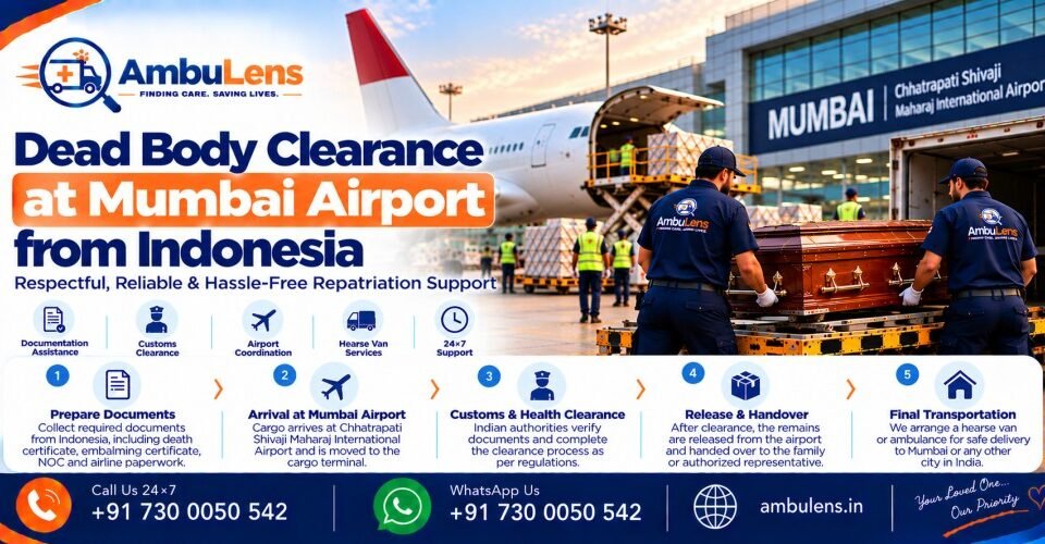Dead body clearance and transportation process at Mumbai Airport for human remains arriving from Indonesia