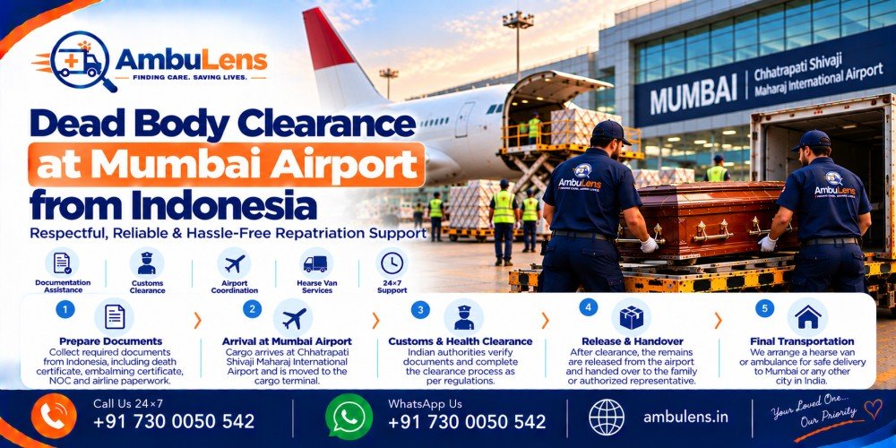 Dead body clearance and transportation process at Mumbai Airport for human remains arriving from Indonesia