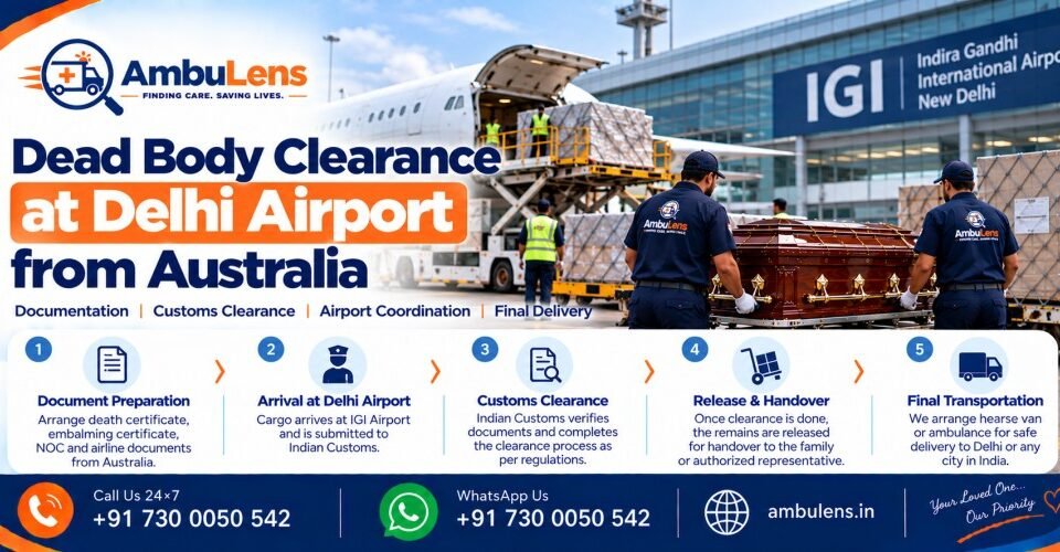 International dead body transportation from Australia arriving at Delhi Airport for clearance and onward transfer in India