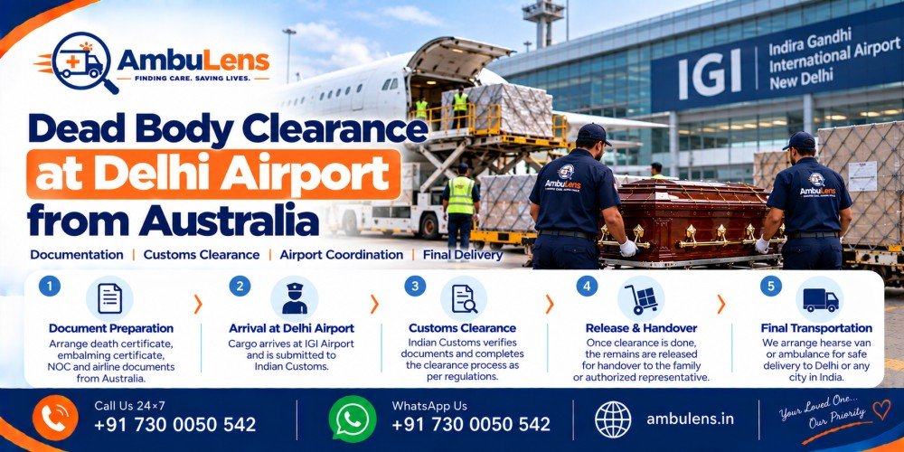 International dead body transportation from Australia arriving at Delhi Airport for clearance and onward transfer in India