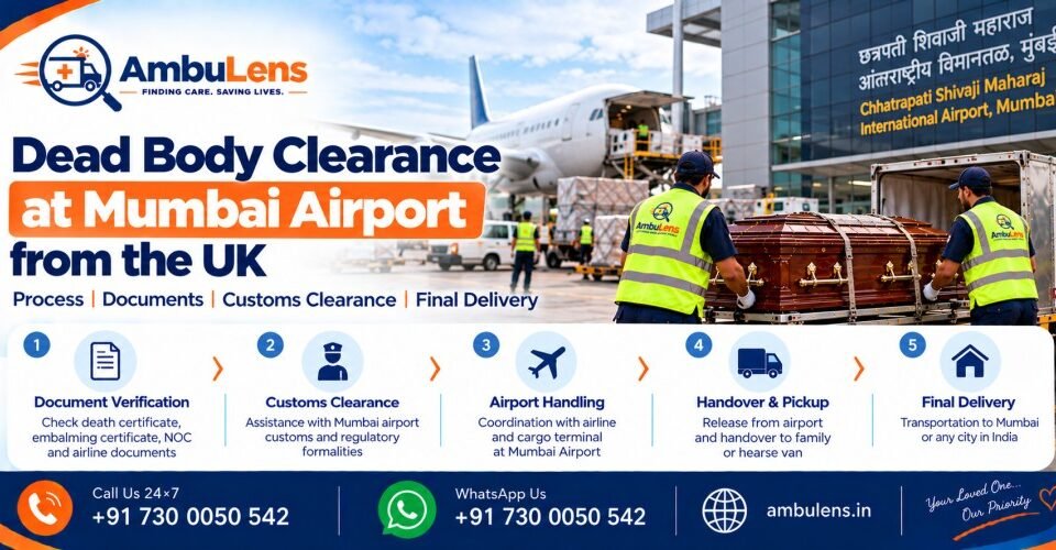 International dead body transportation from the UK arriving at Mumbai Airport for clearance and onward transfer in India