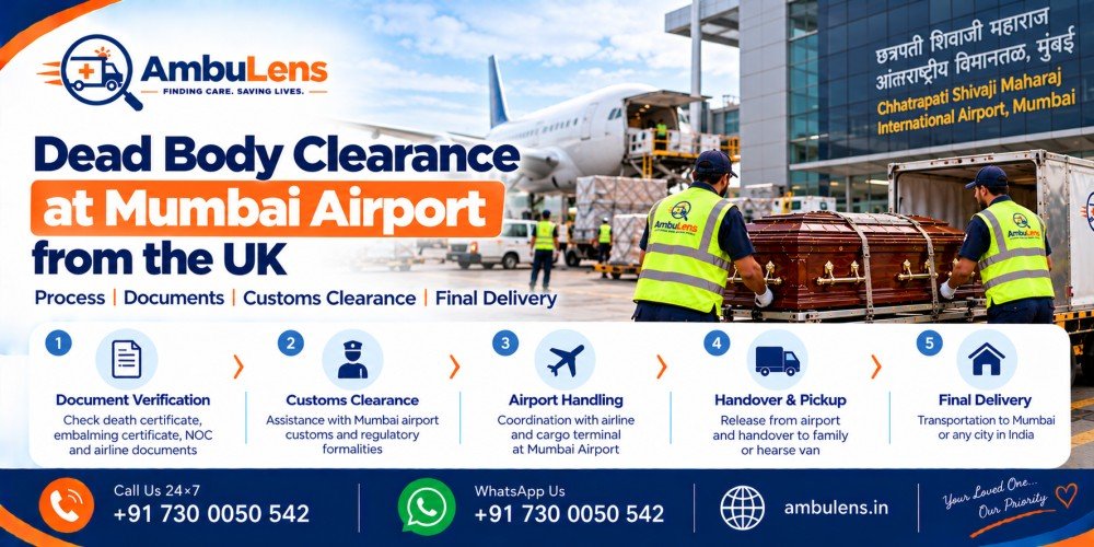 International dead body transportation from the UK arriving at Mumbai Airport for clearance and onward transfer in India