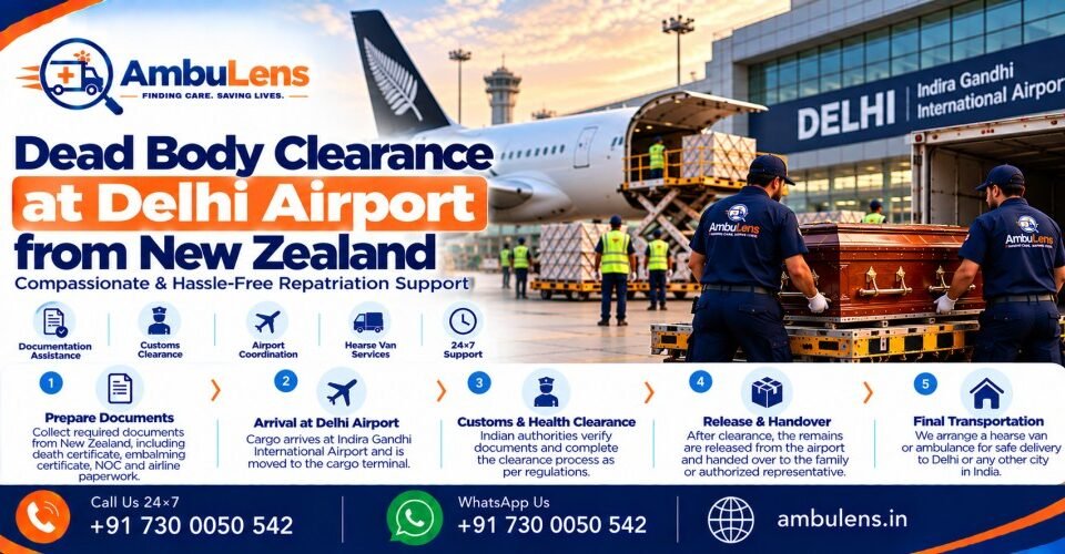 Dead body transportation and airport clearance process at Delhi Airport for remains arriving from New Zealand