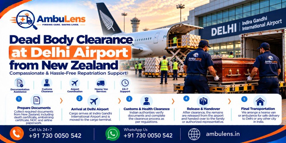 Dead body transportation and airport clearance process at Delhi Airport for remains arriving from New Zealand