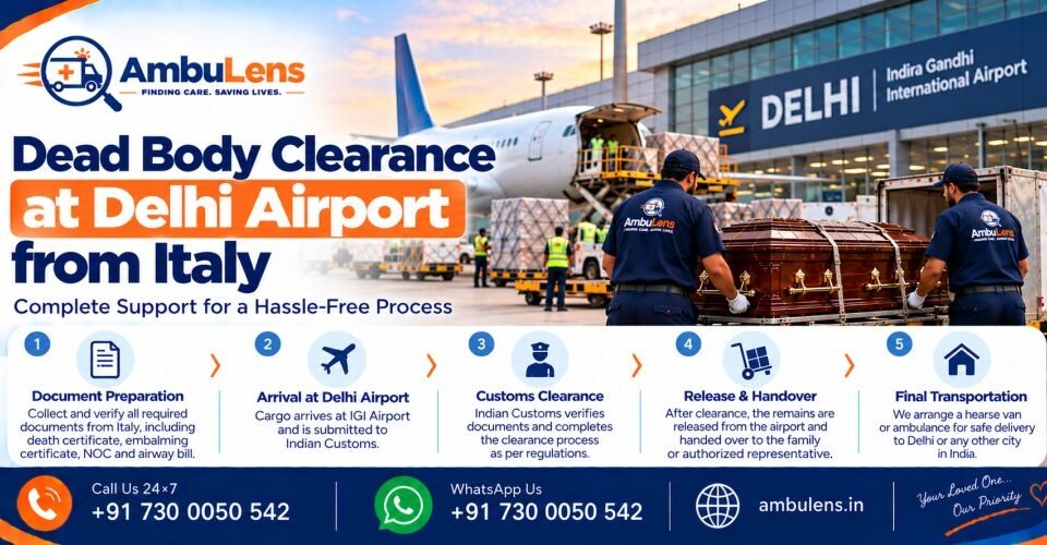 Airport cargo coordination for international dead body transportation from Italy to Delhi, India