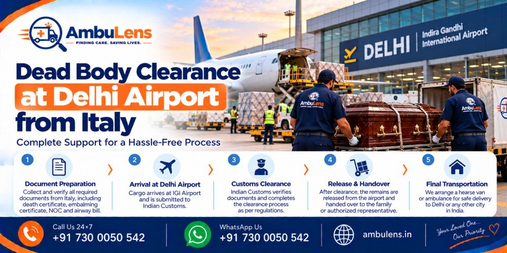 Airport cargo coordination for international dead body transportation from Italy to Delhi, India