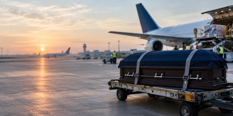Casket transported on an airport trolley near an aircraft during human remains repatriation in India